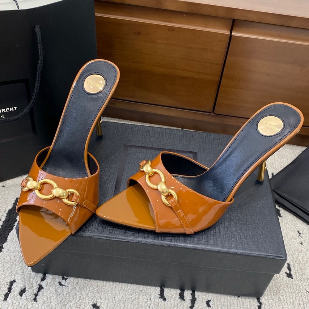 Saint Laurent Women's Patent Leather Mule Heels with Gold Chain Accent - Brown